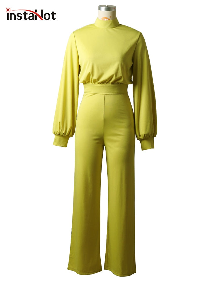 InstaHot Puff Elegant Overalls For Women Puff Long Sleeve Flare Pants Spring Office Ladies Sets Casual Fashion Female Jumpsuits