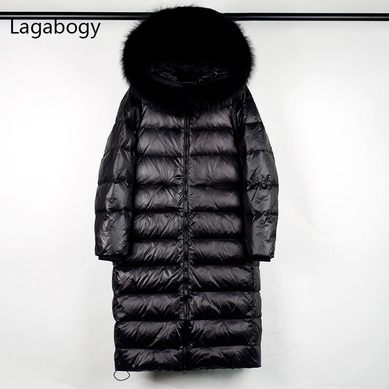 Lagabogy Long Puffer Jacket Women 2021 Large Real Raccoon Fur Hooded 90% Duck Down Coat Waterpoof Female Shiny Parkas Oversize