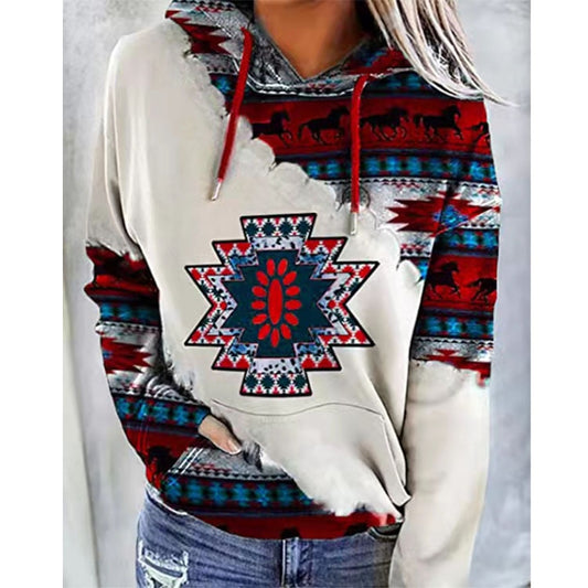 Vintage Boho Printed Hooded Long Sleeve Drawstring Casual Loose Hoodies