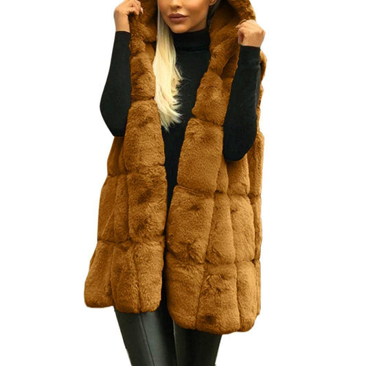 Winter Thick Vest Jacket Faux Fur Casual Solid Color Hooded Waistcoat Long Knit Oversize Women Jacket Vest
