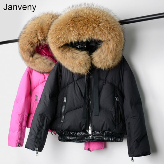 Janveny Real Raccoon Fur Hooded Women's Down Jacket 2021 Winter 90% Duck Down Coat Short Female Puffer Feather Parkas Outwear
