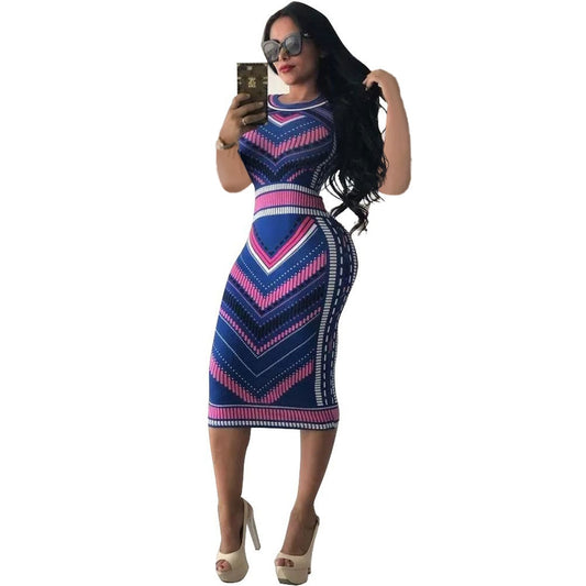 Elegant Short Sleeve Geometric Print Women Bodycon Dresses Robe Sexy Slim Midi Pencil Dress Lady Party Dress Vestidos