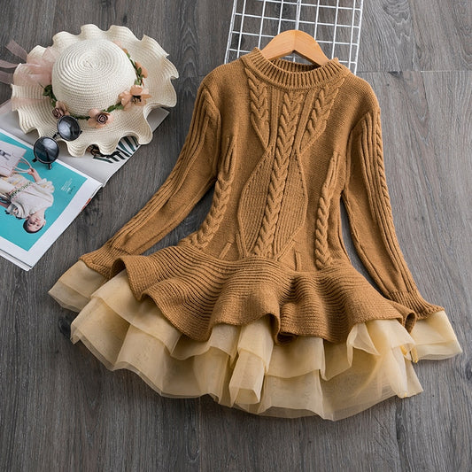 Girls Long Sleeve Knitting Dresses Autumn/Winter Warm Birthday Party Ruffle Princess Costume Kids Red Christmas Disfraz Vestido