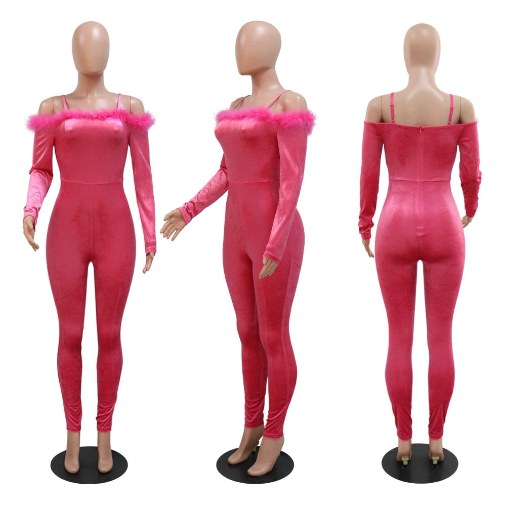 New velvet Sexy Slim Tube Top Feather One Piece Jumpsuit Off Shoulder Bodysuit