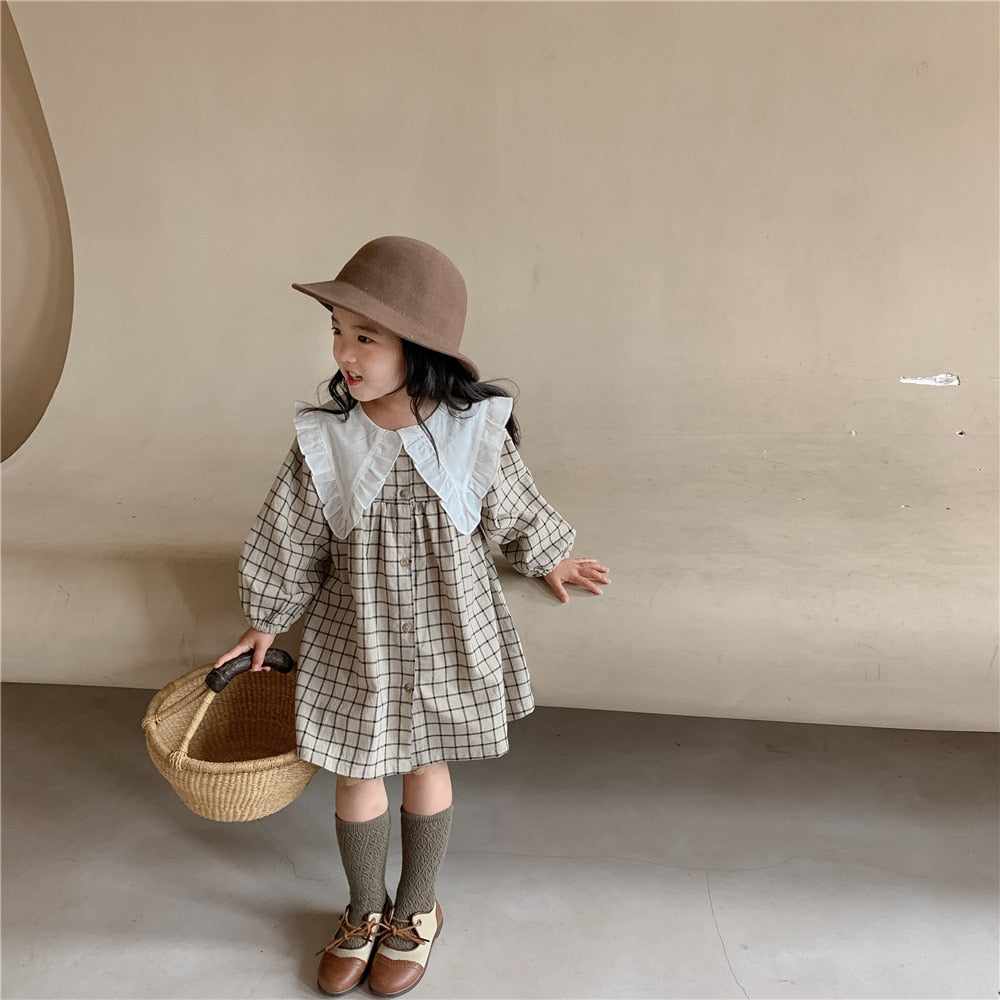 Baby Girls Dress Casual Plaid Clothes Summer New Korean Cotton Linen Girls Princess Dress Big Turn Down Collar Dress