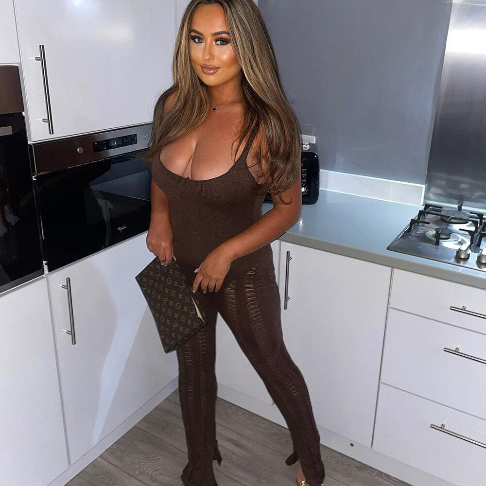 Sibybo Knitted Sleeveless Jumpsuit Women Rompers Elegant Hollow Out Bodycon Jumpsuits Femme Summer One Piece Club Party Overalls