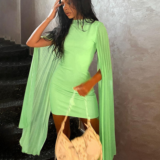 Long Slevve Slit Backless Bodycon Mesh Patchwork Mini Dress