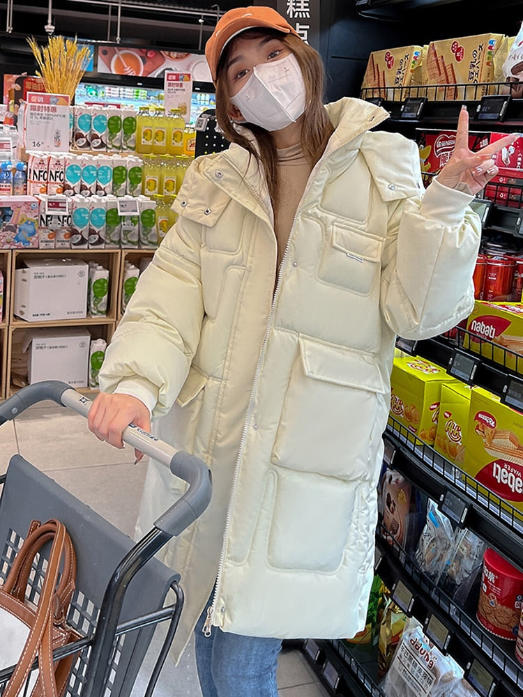 2022 Winter Mid-Long Parkas Jackets Women Solid Casual Thick Warm Hooded Coat Female Korean Cotton Padded Loose Puffer Coats