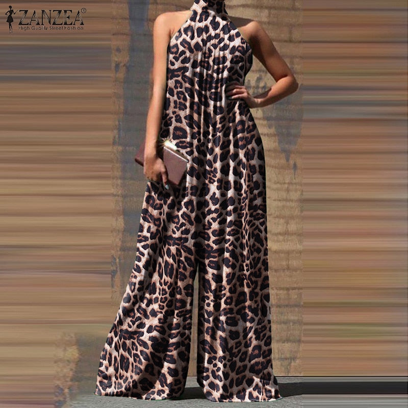 Oversized ZANZEA Fashion Women Jumpsuits 2022 Summer Pleated Wide Leg Overalls Casual Solid Sleeveless Loose Button Up Rompers