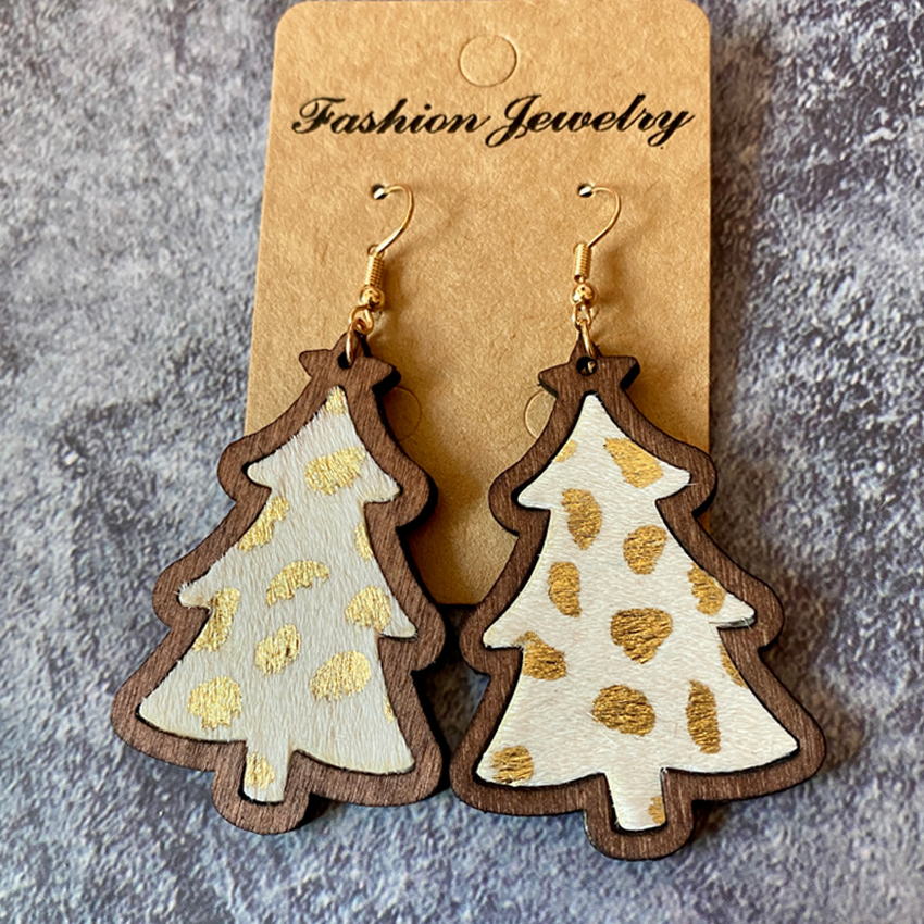 Xmas Tree Wood Bezel Cheetah Print Genuine Leather Christmas Earrings for Women Red Green Glitter Leather Christmas Tree Earring
