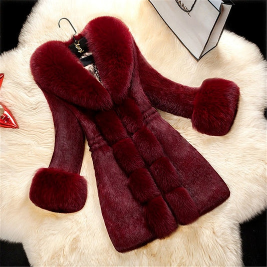 The New Thicken Middle-aged Female Fox Collar Keep Warm Overcoat Long Faux Fur Coat Coats and Jackets Women