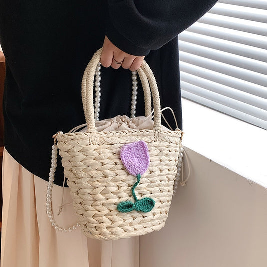 Handmade Woven Straw Bucket Bag Women Designer Handbags Bohemian Rattan Beach Bags Ins Chic Crossbody Shoulder Bag Shopper Tote
