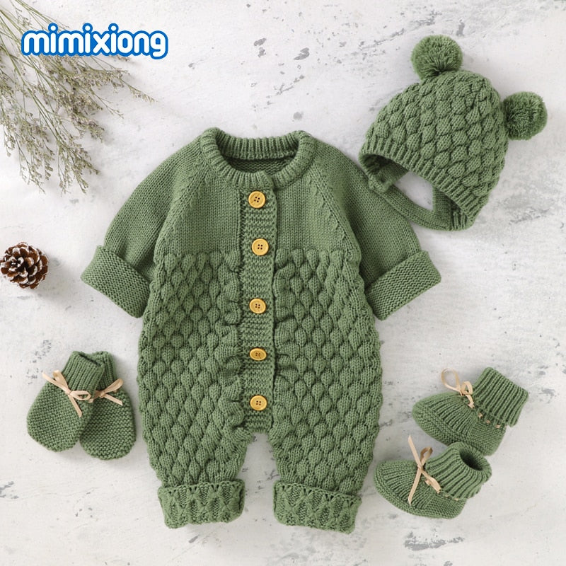 Baby Rompers Caps Clothes Sets Newborn Girl Boy Knitted Jumpsuits Outfits Autumn Winter Long Sleeve Toddler Infant Overalls 2pcs
