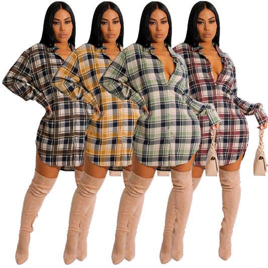 Turn-down Collar Long sleeve Single Breasted Plaid Slim Coat Shirt Dress