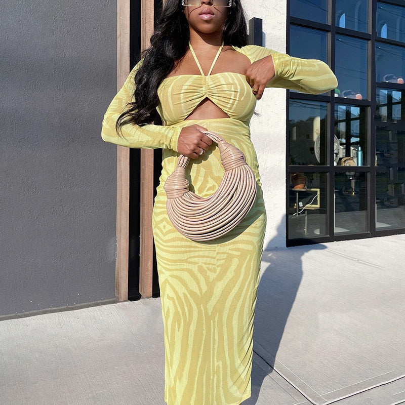 Sexy Halter Lace Up Ruched Long Sleeve Bodycon