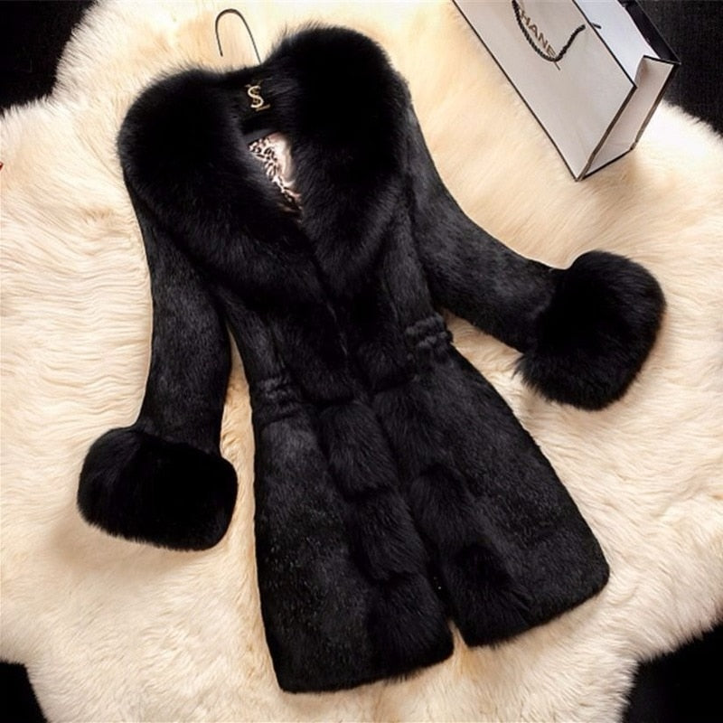The New Thicken Middle-aged Female Fox Collar Keep Warm Overcoat Long Faux Fur Coat Coats and Jackets Women