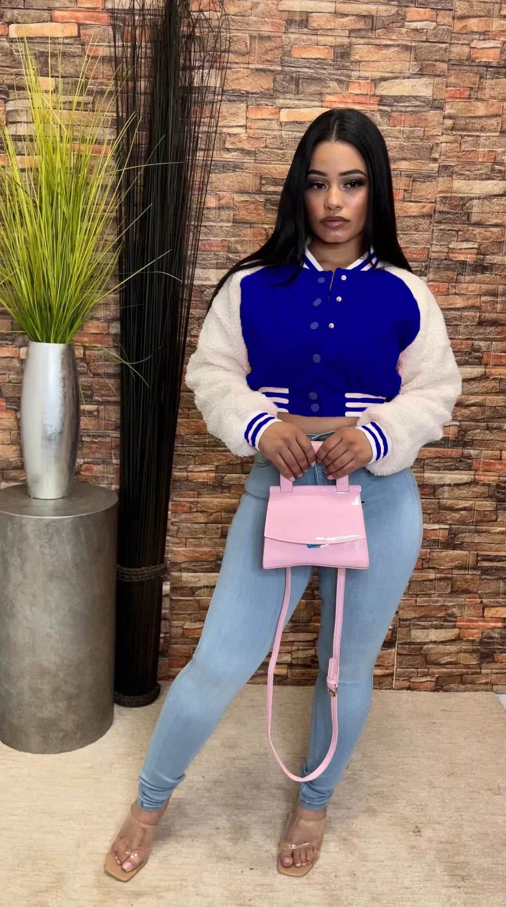 Vintage Women Fleece Long Sleeve Single Breasted Patchwork Sweatshirt Baseball Jacket Outwear