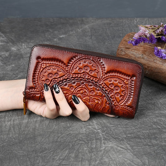 Long Bags Women Clutch Leather Embossed Zippered Purse Vintage Ethnic Style Purse