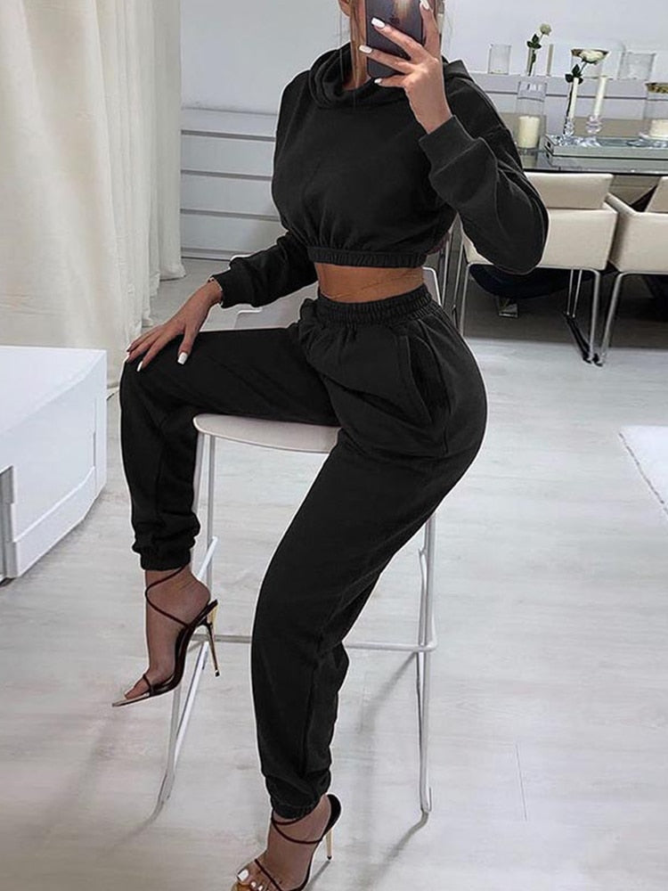Autumn Winter Chic Women Casual Sport Sweatsuits 2 Piece Pant Set Female
