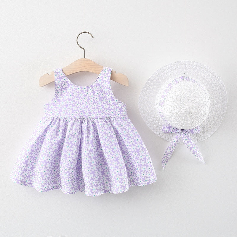 2pcs Summer Baby Girls Beach Princess Dress Cute Bow Flowers Sleeveless Cotton Toddler Dresses+Sunhat Newborn Clothing Set