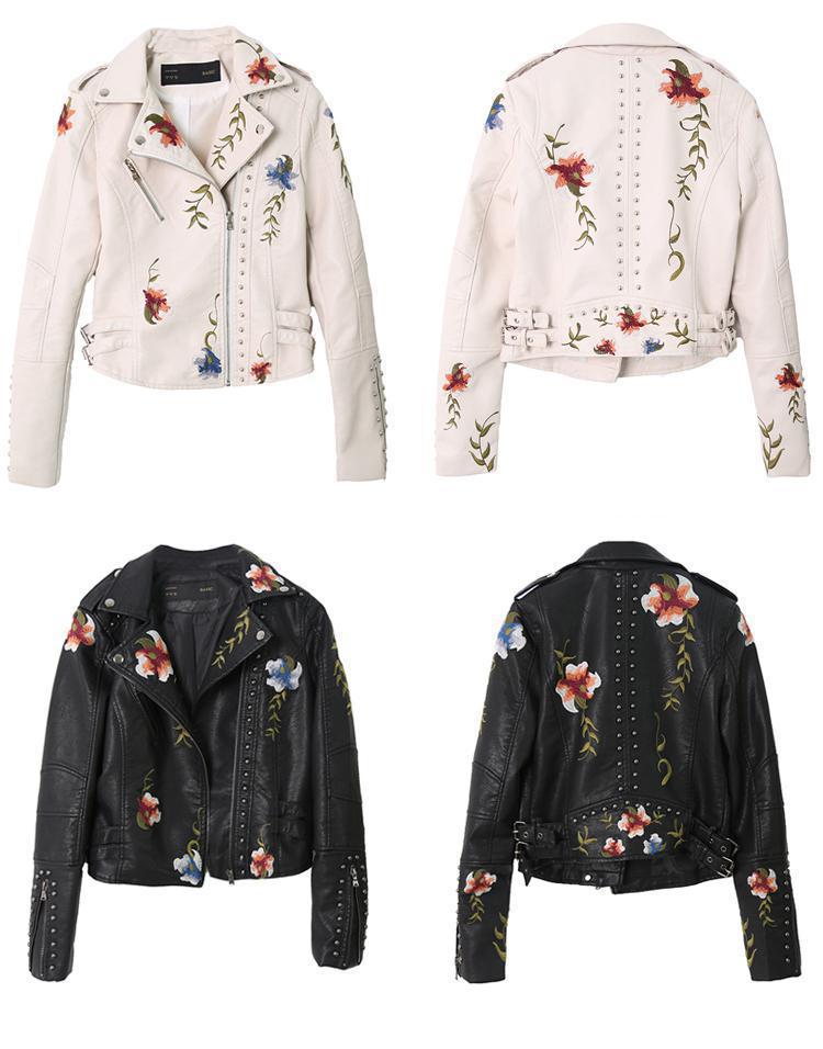 Ailegogo Spring Autumn Flowers Embroidery Pu Leather Jacket Women Turn-down Collar Rivet Zipper Black Biker Coats Tops Clothes
