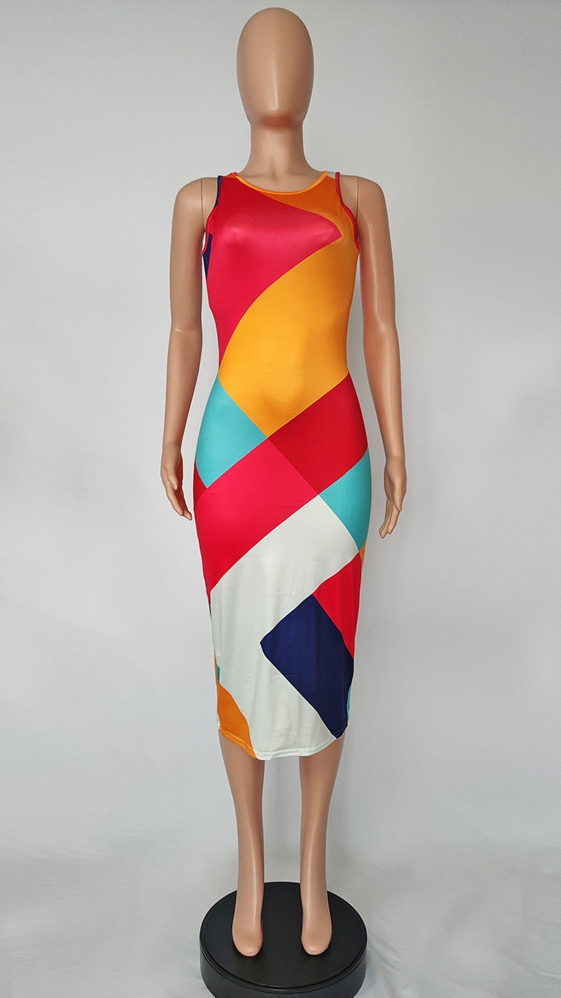 Colorblock Geometric Print Midi Dress
