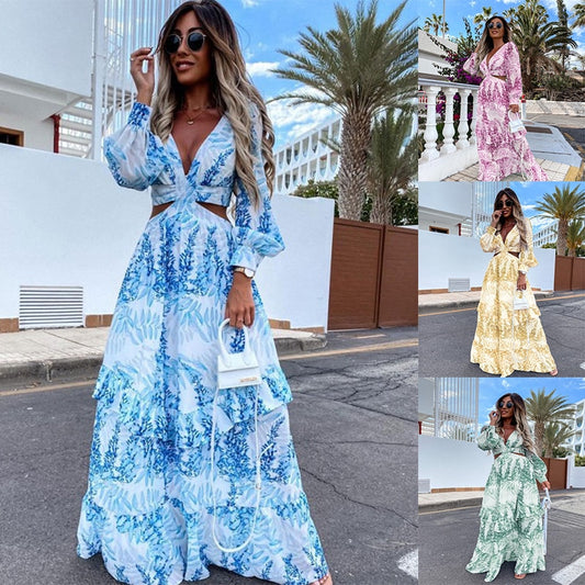 Women Tunic Beach Cover Up Sexy V-Neck Backless Hollow Out Lantern Sleeve Maxi Dress Female Club Party Long Dresses
