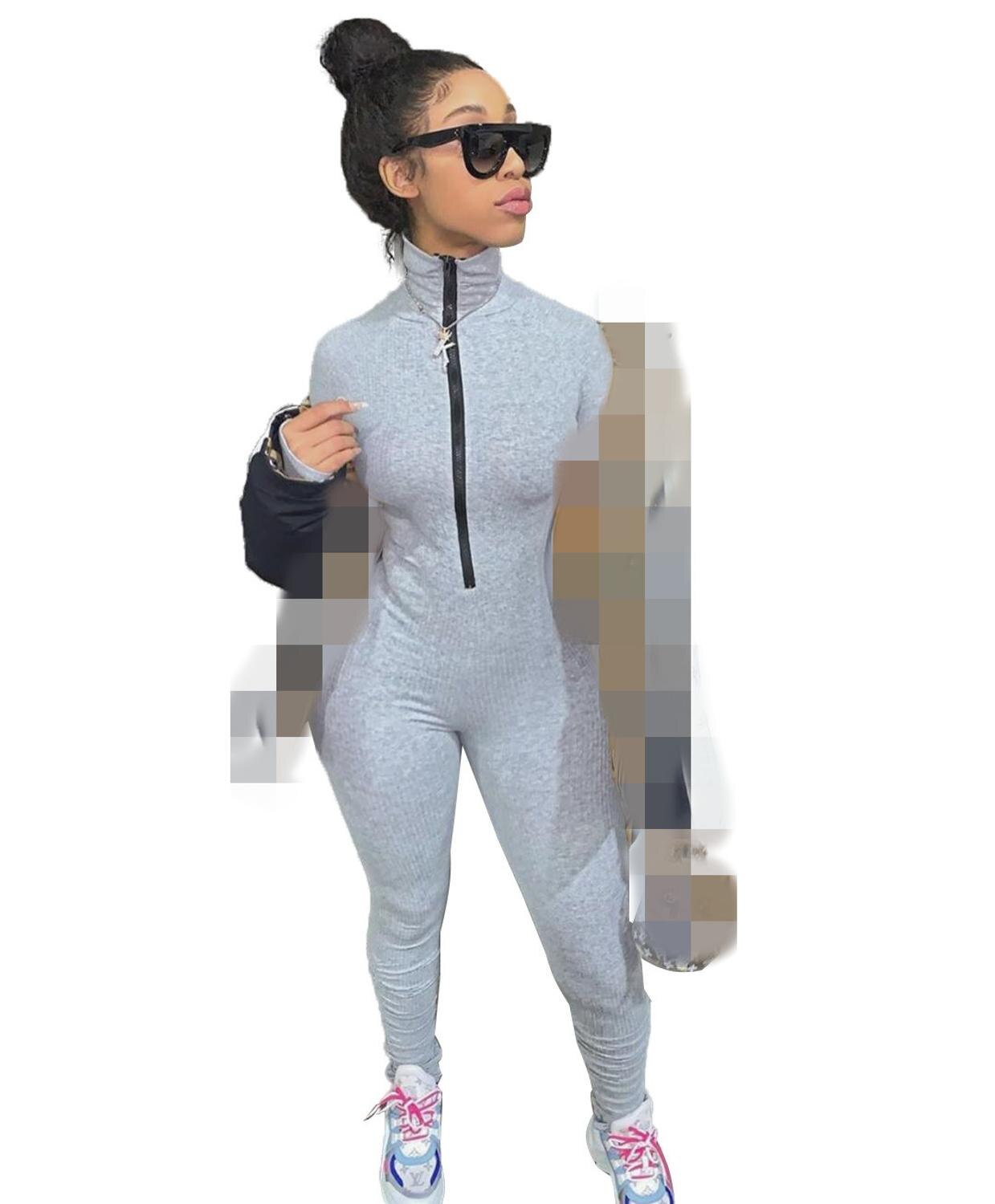 JRRY Women Ribbed Jumpsuits Long Sleeve Turtleneck High Elasticity Zippers Rib Bodysuit Print Raised Lines Pattern Outdoor Wear