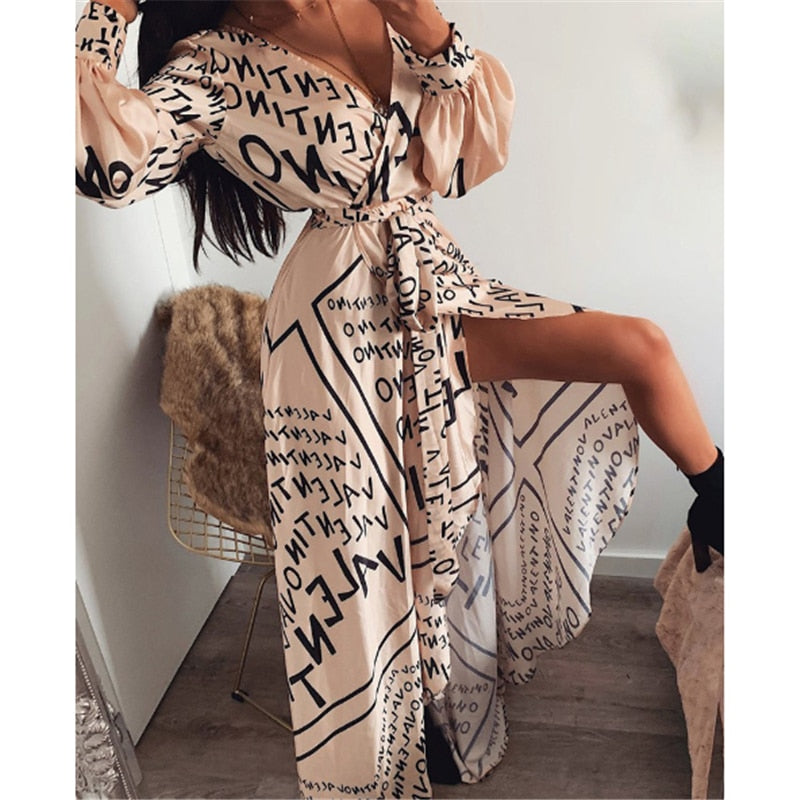 Boho Printed Floral Long Maxi Dress Women Female Casual Loose Ankle-Length Empire V-Neck Long Splits Dresses Vestidos