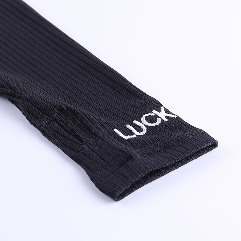 Turtleneck Knit Rib Bodycon Fitness Playsuit Sportswear Long Sleeve Zipper Body Embroidery Lucky Label Rompers Womens Jumpsuit