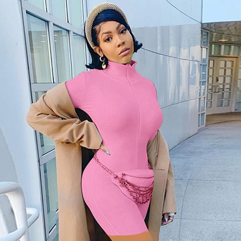 Turtleneck Knit Rib Bodycon Fitness Playsuit Sportswear Long Sleeve Zipper Body Embroidery Lucky Label Rompers Womens Jumpsuit