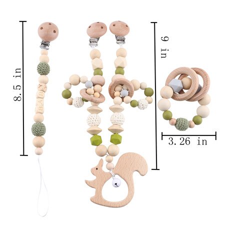 Baby Wooden Teether Wooden Pram Clip Baby Mobile Pram Personalize Silicone Bead Pacifier Chain Chewable Silicone Rattle Baby Toy