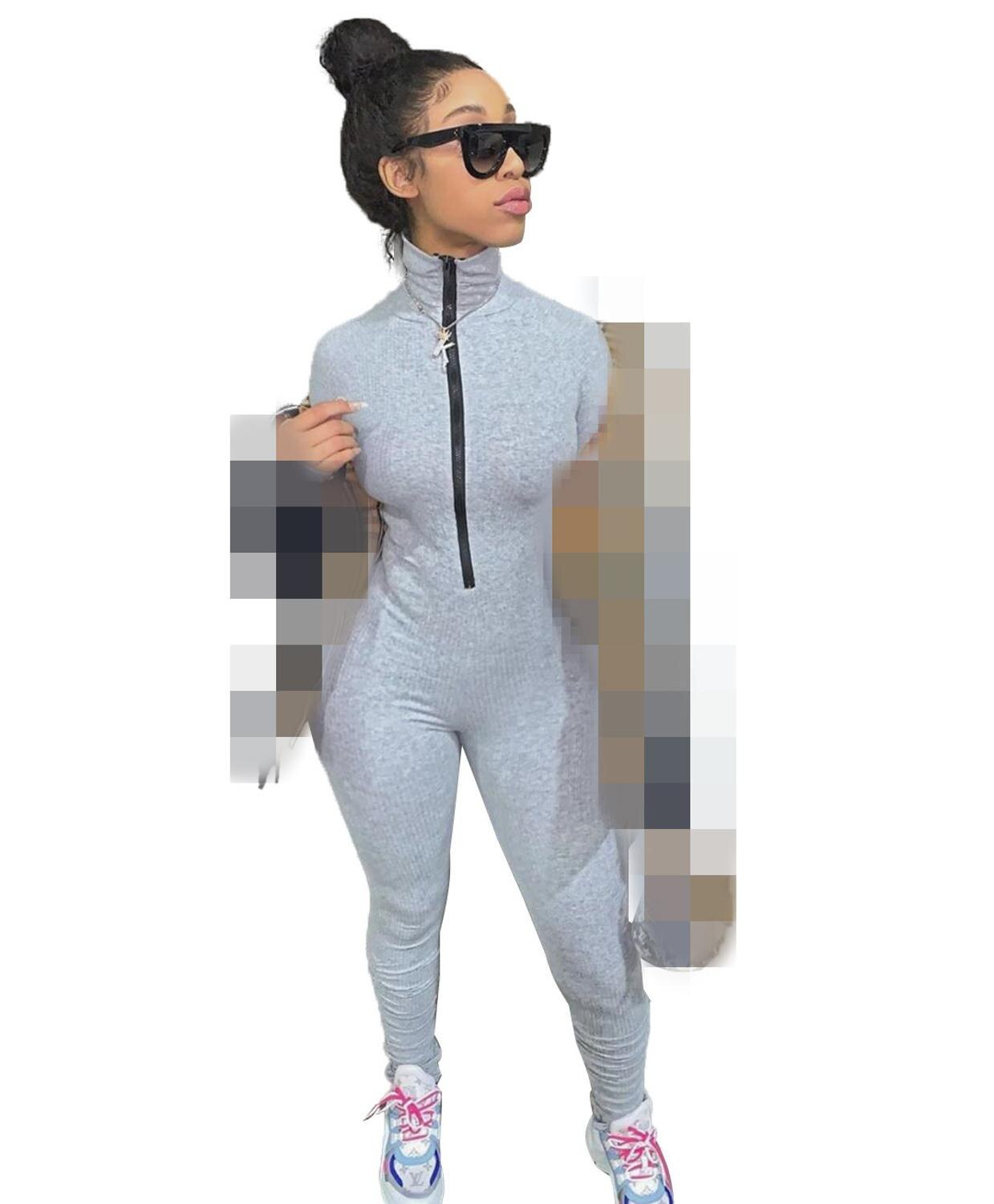 JRRY Casual Women Ribbed Jumpsuits Long Sleeve Turtleneck Zippers High Elasticity Rib Bodysuit Raised Lines Pattern Outdoor Wear