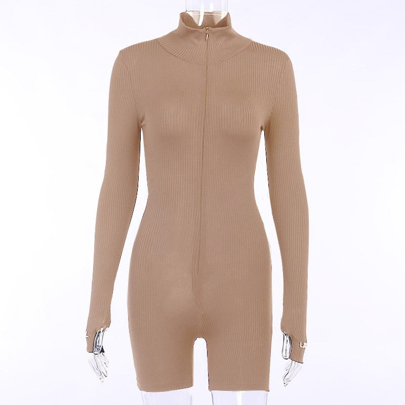 Turtleneck Knit Rib Bodycon Fitness Playsuit Sportswear Long Sleeve Zipper Body Embroidery Lucky Label Rompers Womens Jumpsuit
