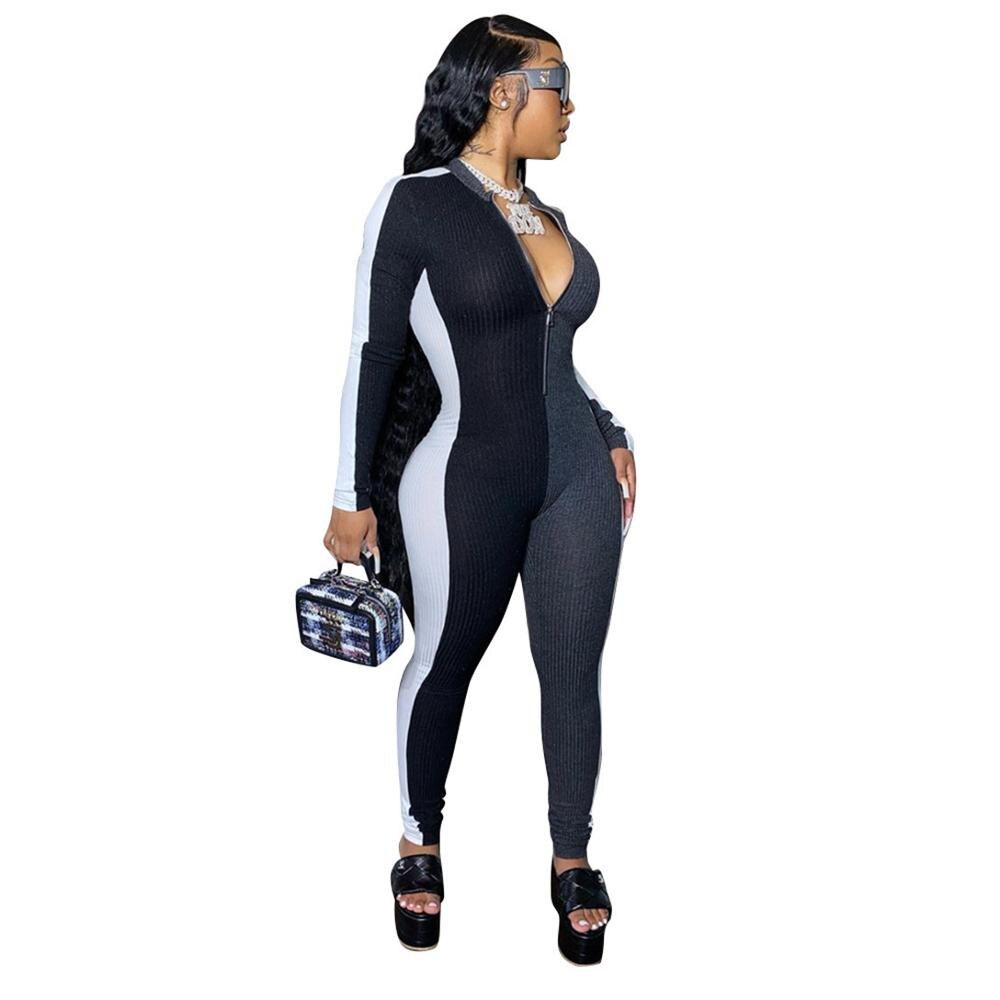 JRRY Casual Women Ribbed Jumpsuits Long Sleeve Turtleneck Zippers High Elasticity Rib Bodysuit Raised Lines Pattern Outdoor Wear