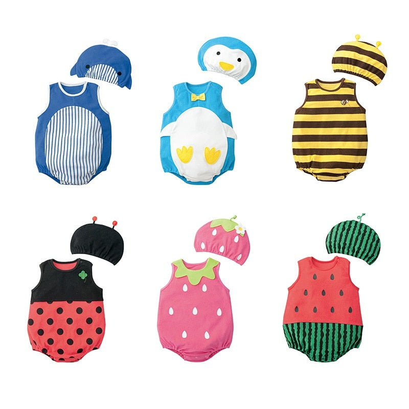 Baby Clothes Cartoon Baby Boy Girl Rompers Cotton Animal And Fruit Pattern Infant Jumpsuit + Hat Set Newborn Baby Costumes