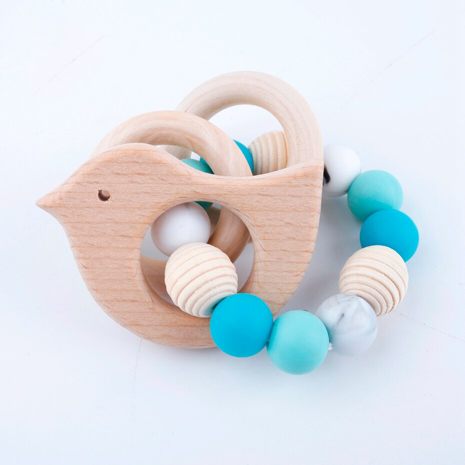 Wooden Bracelets Wooden Teether Chewable Crochet Beads Woo Baby Gym Rattle Toys Bird Shape Silicone Beads Handmade DIY Crafts