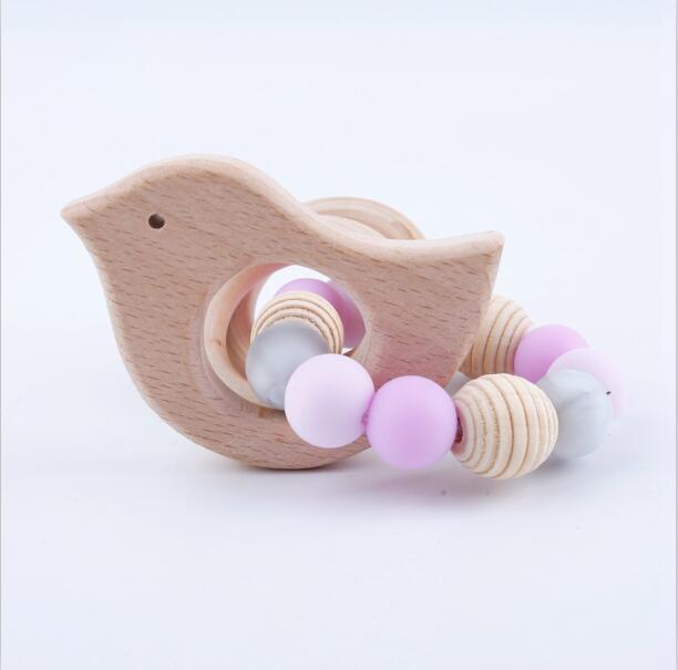 Wooden Bracelets Wooden Teether Chewable Crochet Beads Woo Baby Gym Rattle Toys Bird Shape Silicone Beads Handmade DIY Crafts