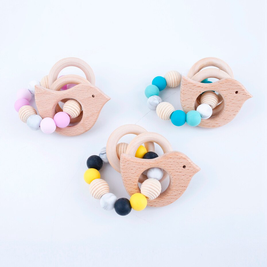 Wooden Bracelets Wooden Teether Chewable Crochet Beads Woo Baby Gym Rattle Toys Bird Shape Silicone Beads Handmade DIY Crafts