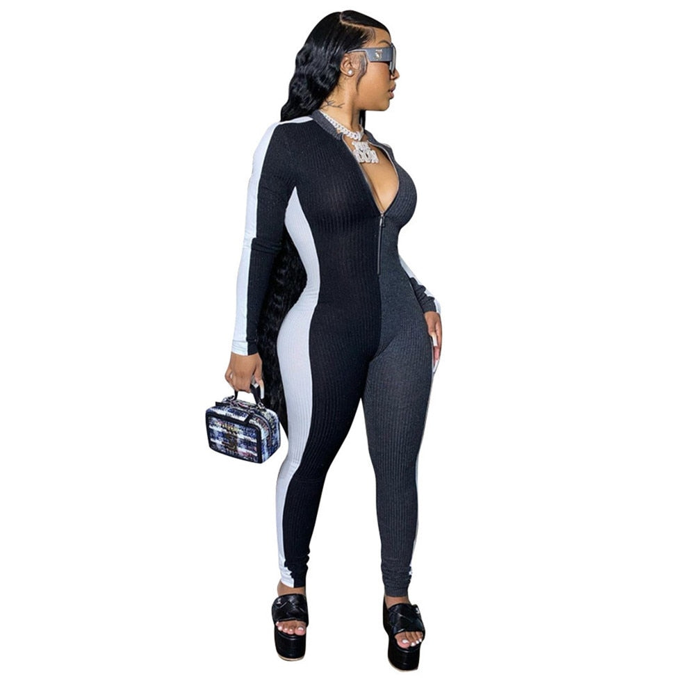 JRRY Women Ribbed Jumpsuits Long Sleeve Turtleneck High Elasticity Zippers Rib Bodysuit Print Raised Lines Pattern Outdoor Wear