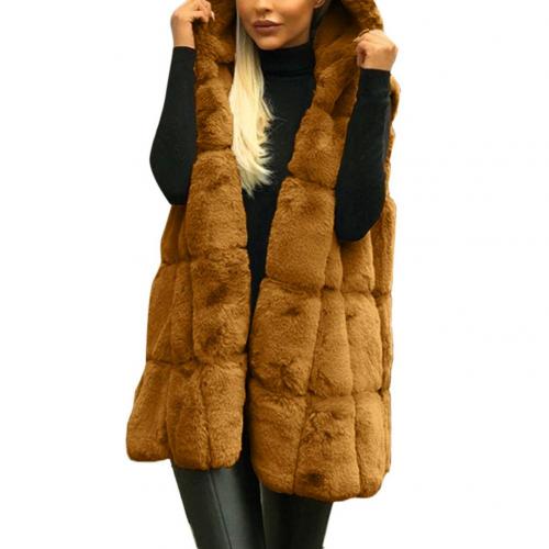 Winter Thick Vest Jacket Faux Fur Casual Solid Color Hooded Waistcoat Long Knit Oversize Women Jacket Vest
