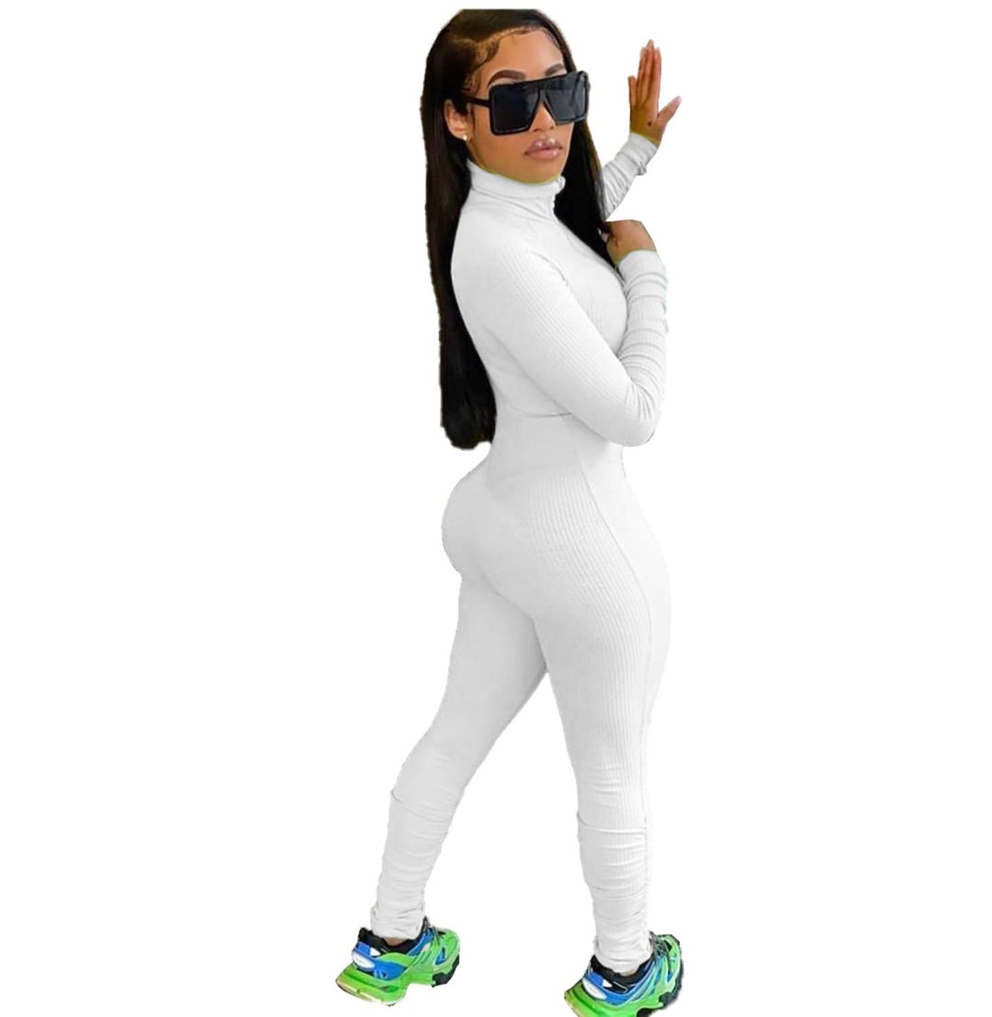 JRRY Casual Women Ribbed Jumpsuits Long Sleeve Turtleneck Zippers High Elasticity Rib Bodysuit Raised Lines Pattern Outdoor Wear