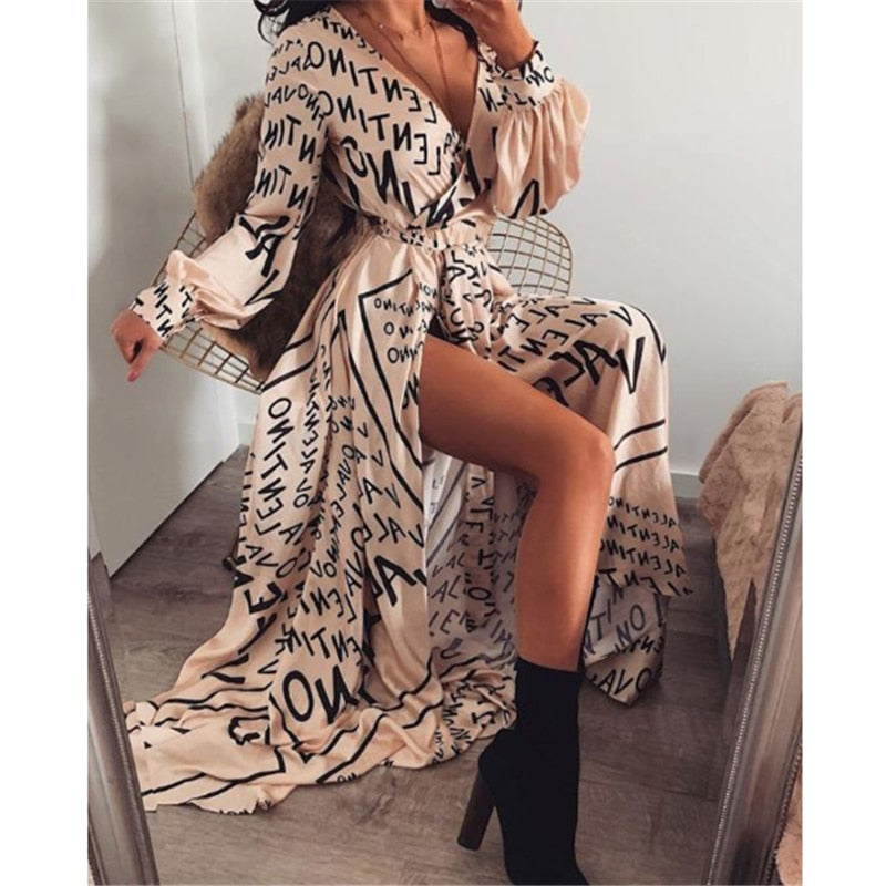 Boho Printed Floral Long Maxi Dress Women Female Casual Loose Ankle-Length Empire V-Neck Long Splits Dresses Vestidos