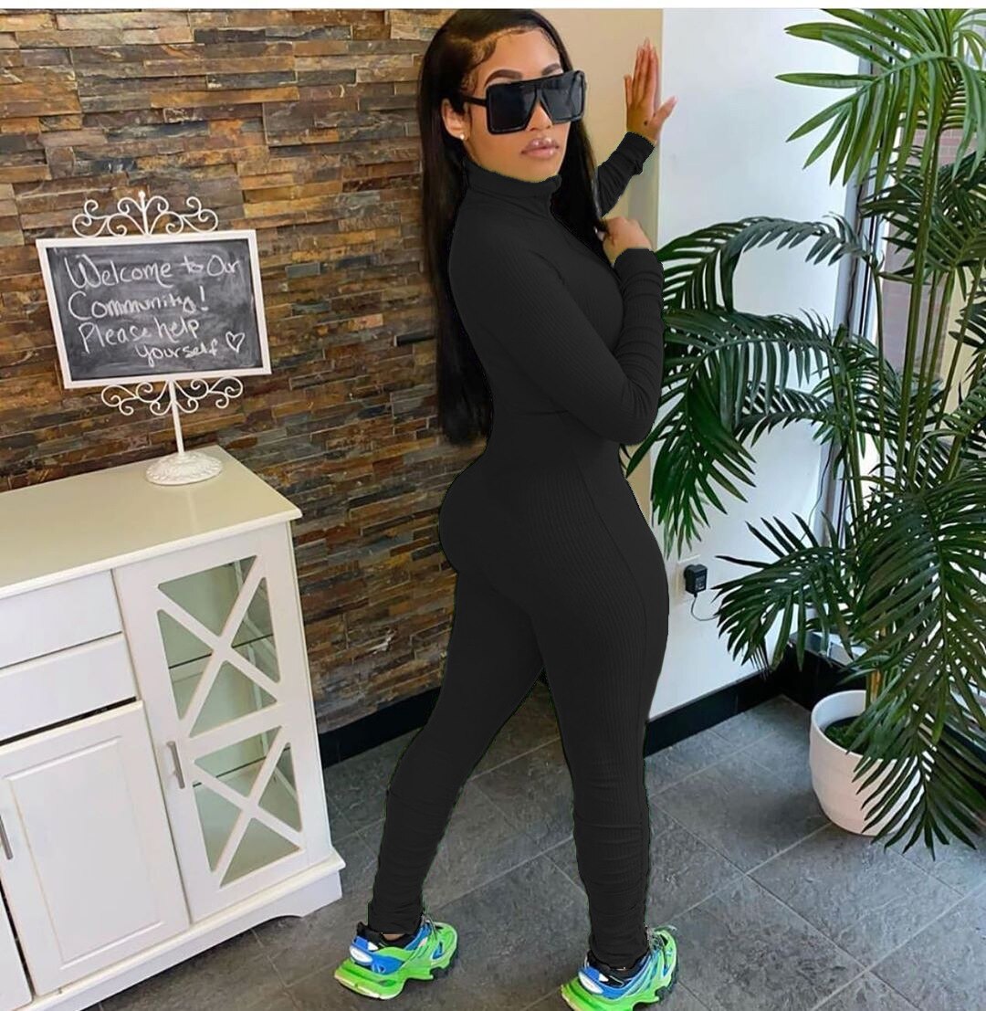 JRRY Casual Women Ribbed Jumpsuits Long Sleeve Turtleneck Zippers High Elasticity Rib Bodysuit Raised Lines Pattern Outdoor Wear