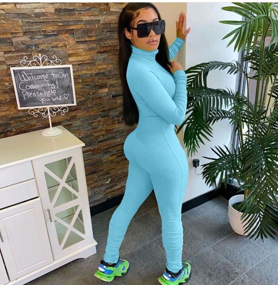 JRRY Casual Women Ribbed Jumpsuits Long Sleeve Turtleneck Zippers High Elasticity Rib Bodysuit Raised Lines Pattern Outdoor Wear