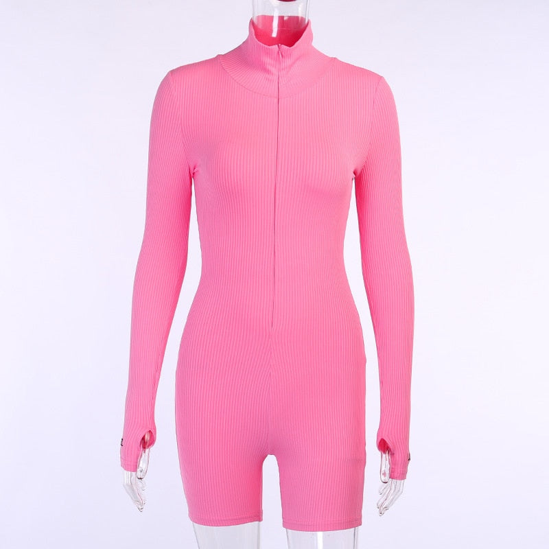 Turtleneck Knit Rib Bodycon Fitness Playsuit Sportswear Long Sleeve Zipper Body Embroidery Lucky Label Rompers Womens Jumpsuit