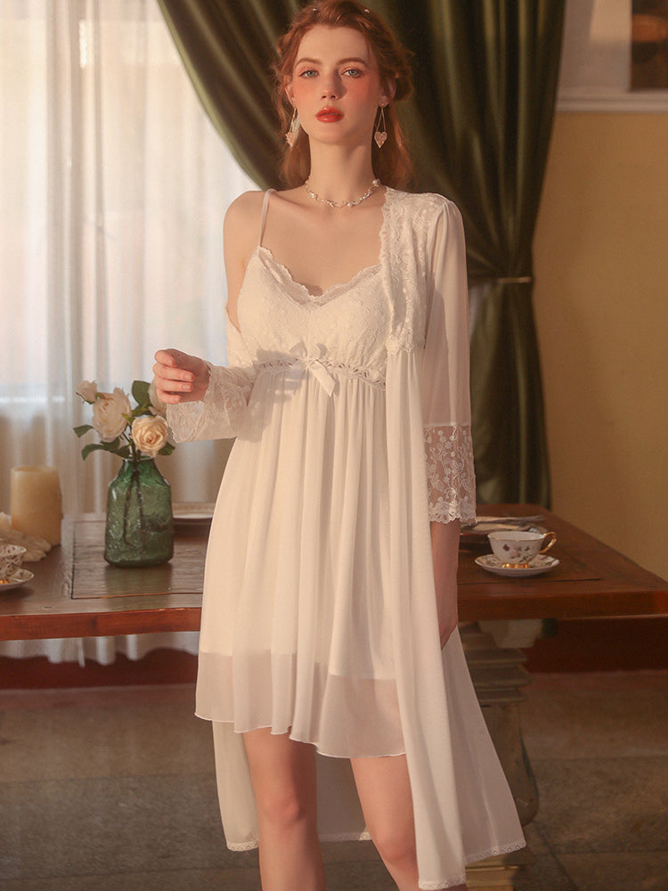 Women's Sexy Mesh Lace-up Outerwear Gown Pajamas Set