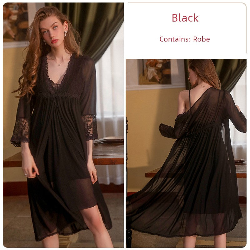 Women's Sexy Mesh Lace-up Outerwear Gown Pajamas Set