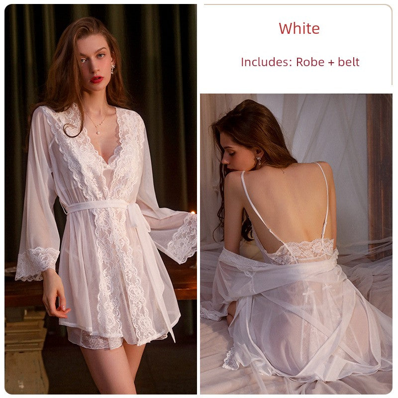 European and American Style Pajamas Women's Sexy Lace See-through Seduction Braces Nightdress Hot Gauze Nightgown Set with Chest Pad