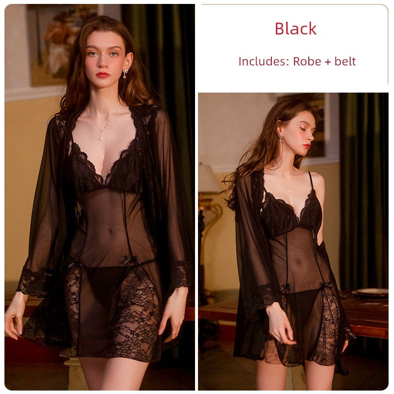 European and American Style Pajamas Women's Sexy Lace See-through Seduction Braces Nightdress Hot Gauze Nightgown Set with Chest Pad